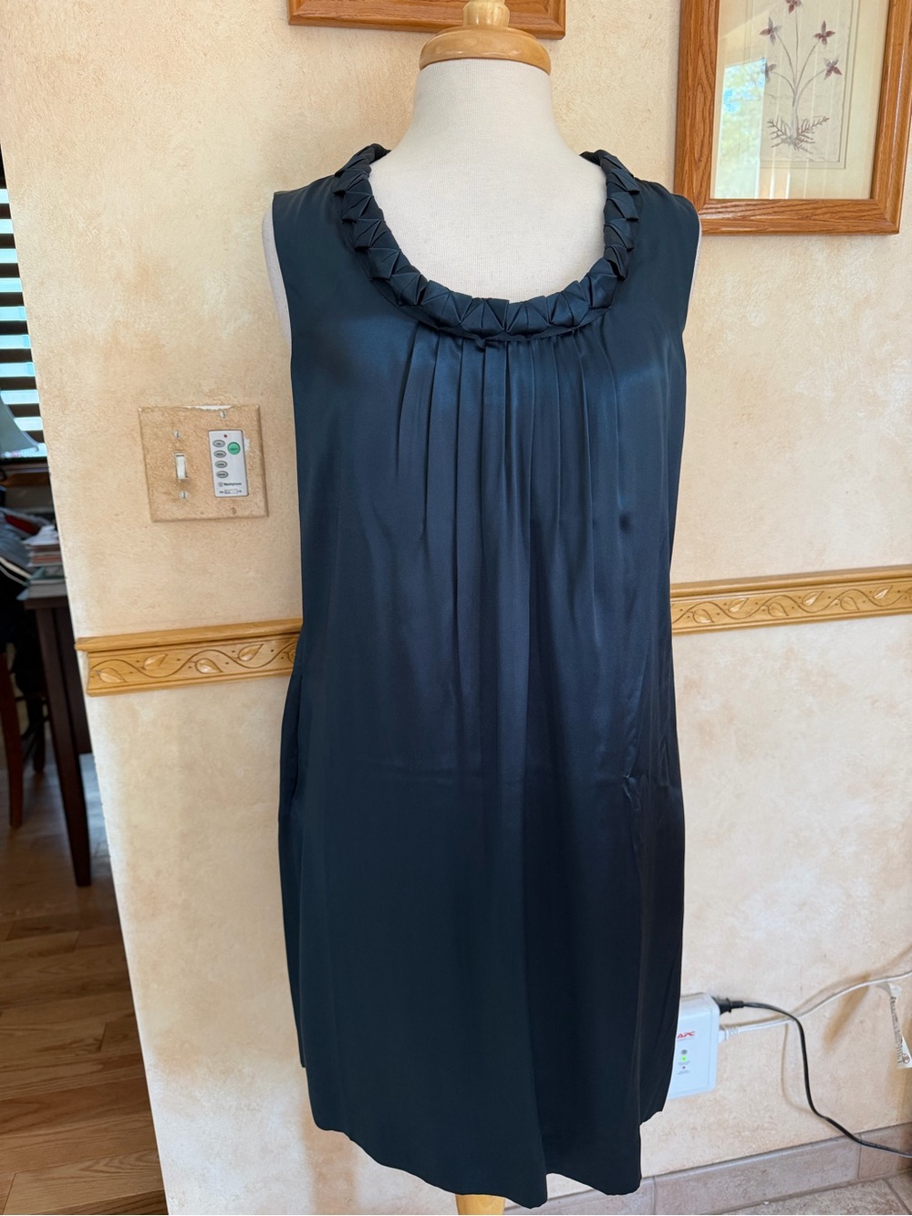Navy Sleeveless Silk Shift Dress with Braided Neckline
